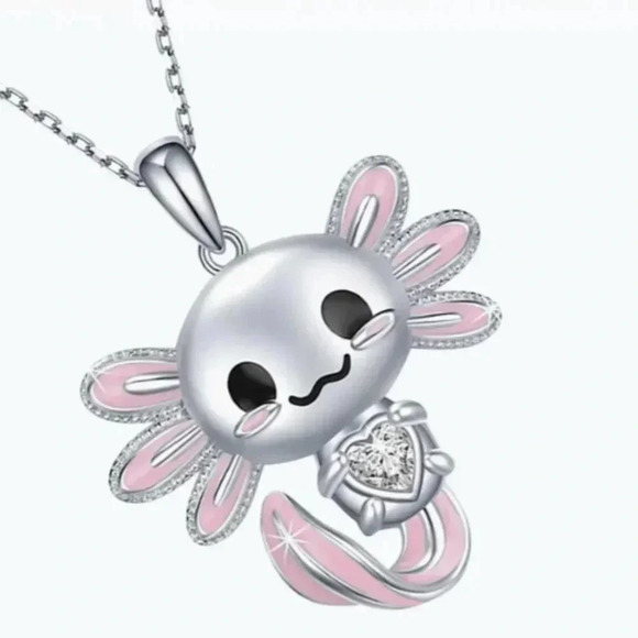 Cute Cartoon Axolotl Pink & Silver Pendant Necklace - Picture 1 of 4